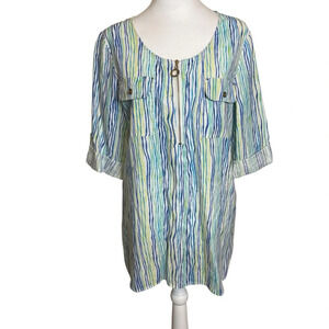 Cathy Linen Blend Blue Green Striped 1/2 Zip Pullover Blouse Roll Tab Sleeve Med
